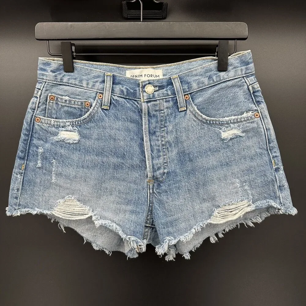Denim Forum The Ex Boyfriend Distressed Organic Cotton Denim Short Size 24